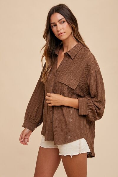 Annie Wear Openwork Button Down Drop Shoulder Shirt.