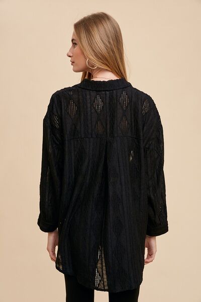 Annie Wear Openwork Button Down Drop Shoulder Shirt.