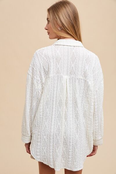 Annie Wear Openwork Button Down Drop Shoulder Shirt.