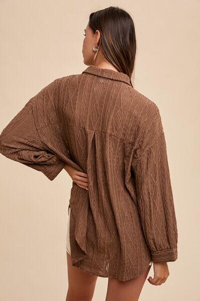 Annie Wear Openwork Button Down Drop Shoulder Shirt.