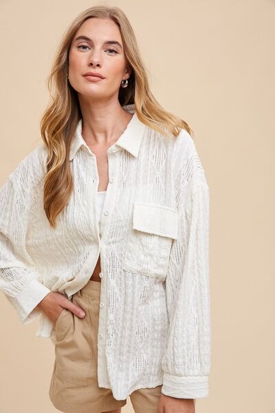 Annie Wear Openwork Button Down Drop Shoulder Shirt.