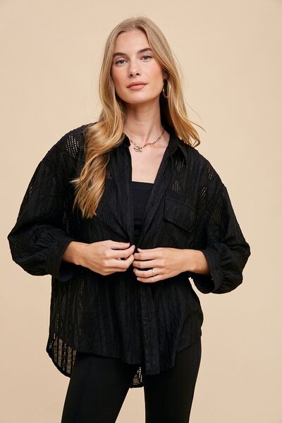 Annie Wear Openwork Button Down Drop Shoulder Shirt.