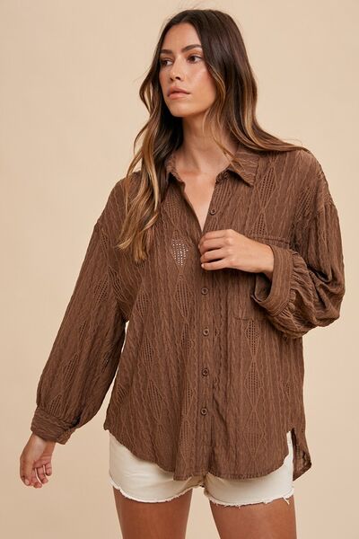 Annie Wear Openwork Button Down Drop Shoulder Shirt.