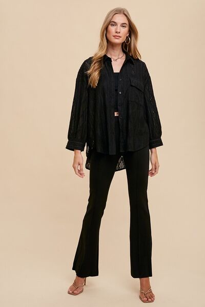 Annie Wear Openwork Button Down Drop Shoulder Shirt.