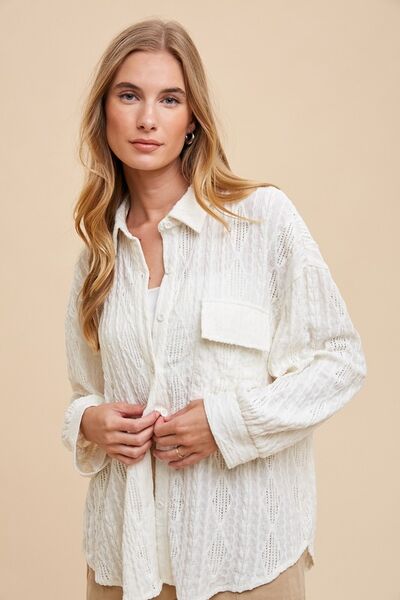 Annie Wear Openwork Button Down Drop Shoulder Shirt.
