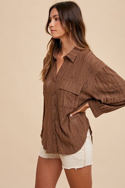 Annie Wear Openwork Button Down Drop Shoulder Shirt.