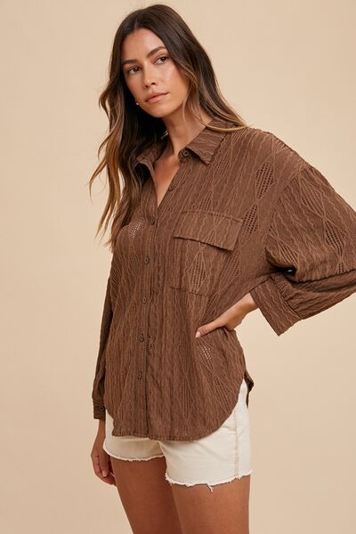 Annie Wear Openwork Button Down Drop Shoulder Shirt.