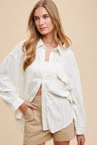 Annie Wear Openwork Button Down Drop Shoulder Shirt.
