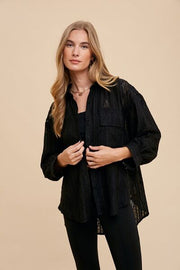 Annie Wear Openwork Button Down Drop Shoulder Shirt.
