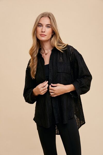 Annie Wear Openwork Button Down Drop Shoulder Shirt.
