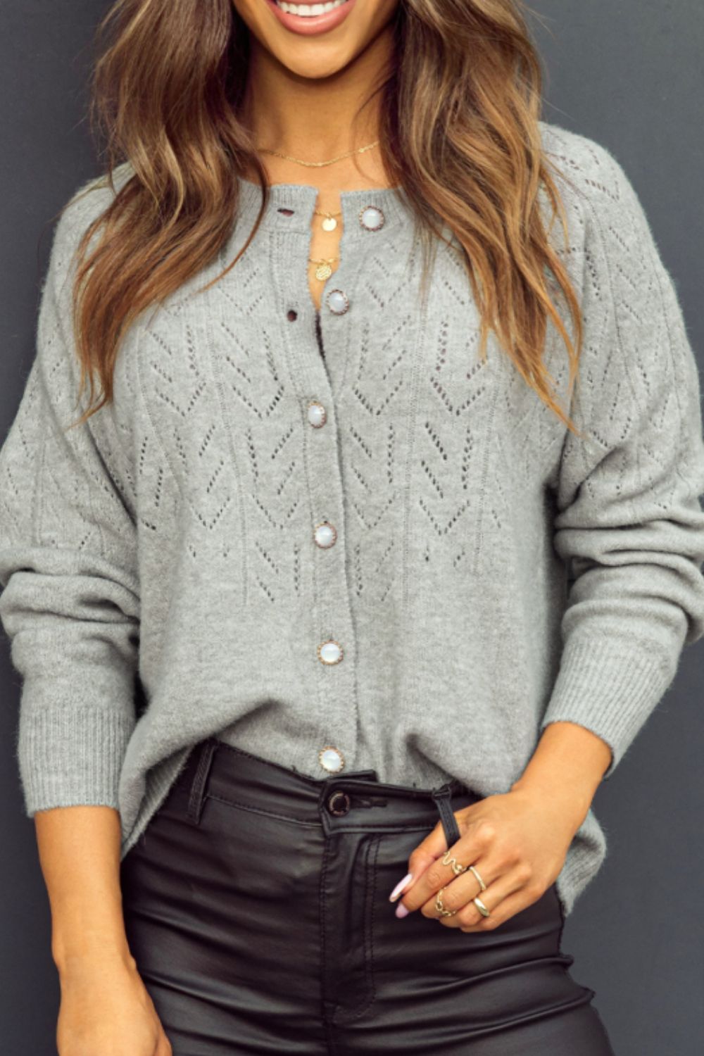 Openwork button down long sleeve cardigan.