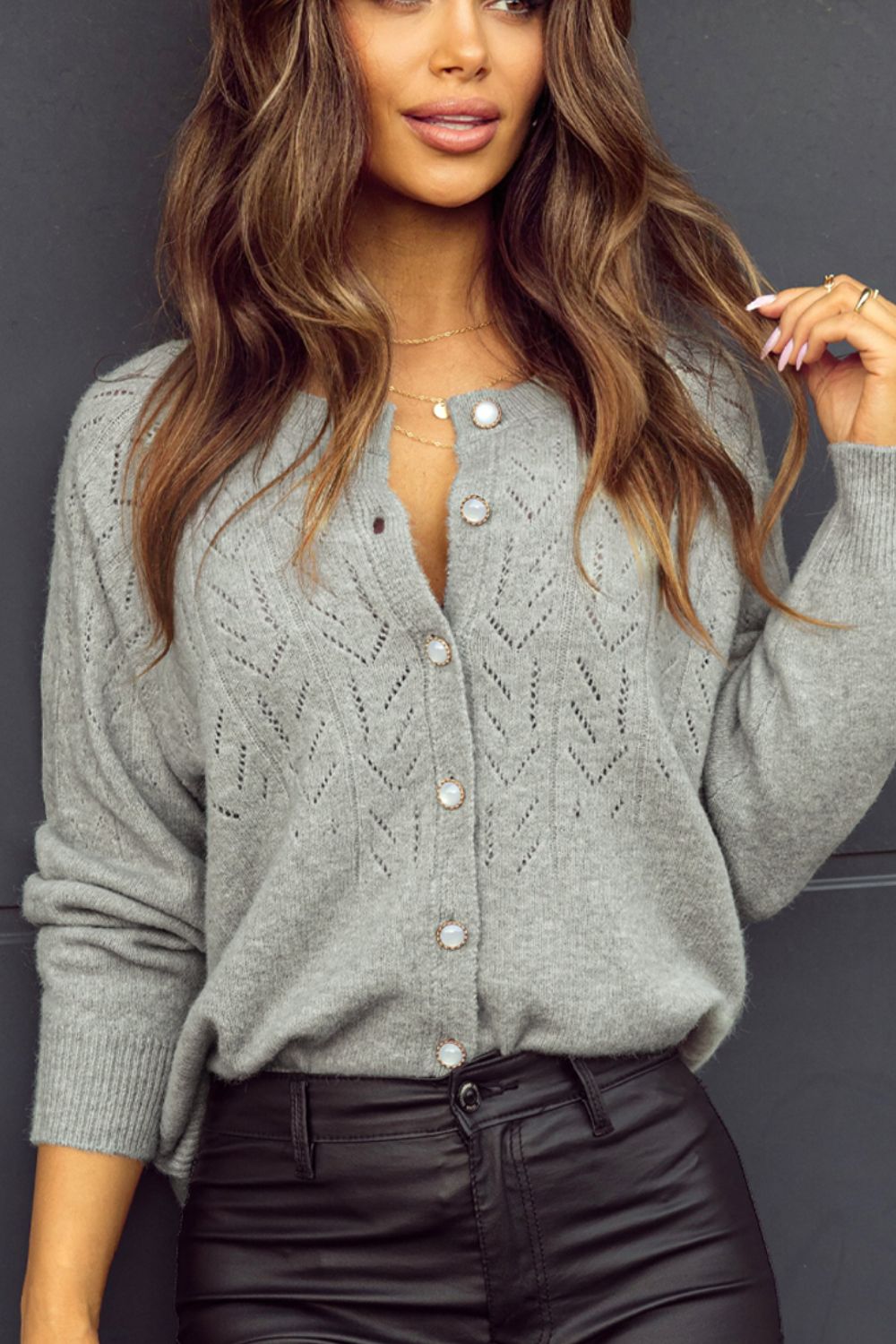 Openwork button down long sleeve cardigan.