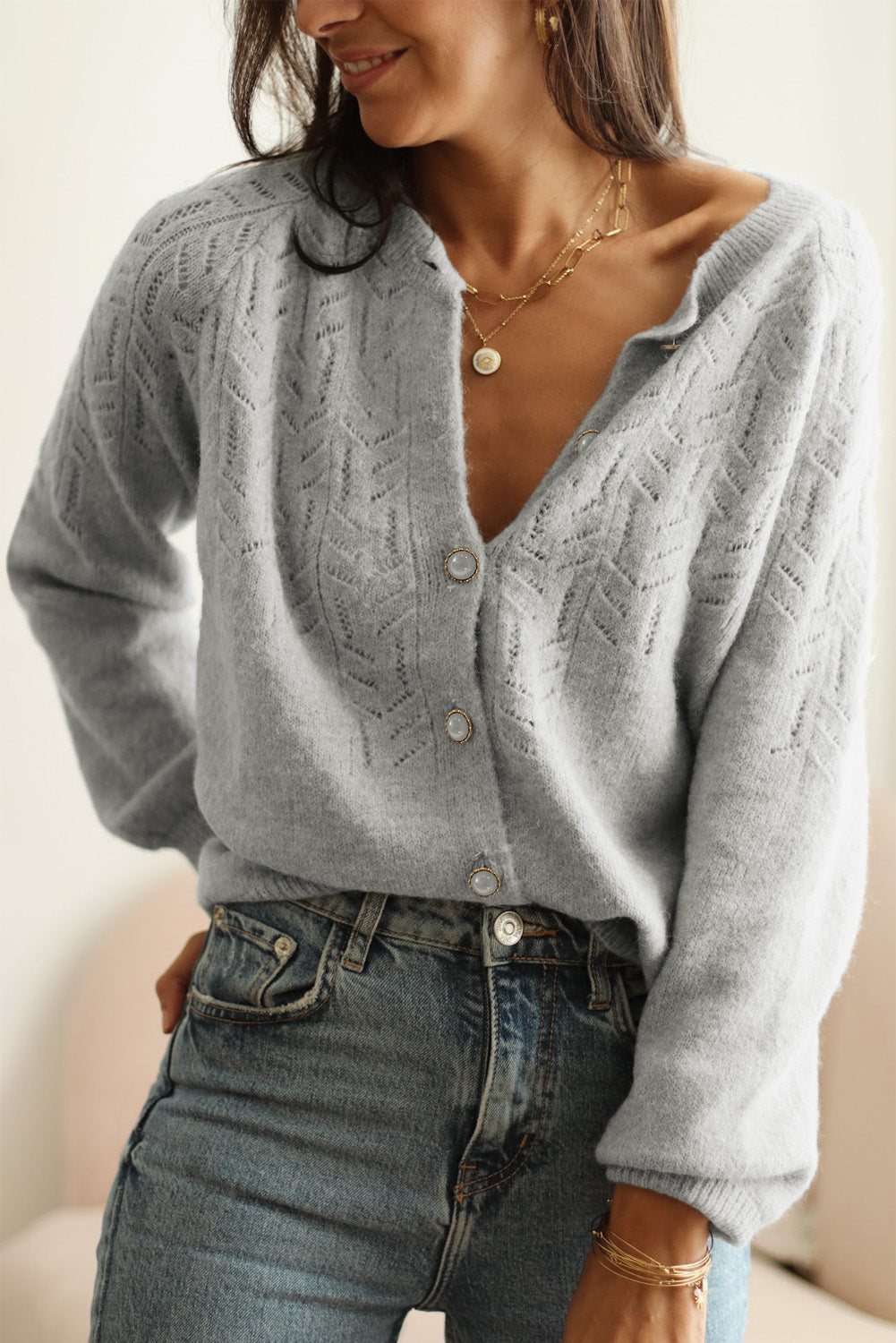 Openwork button down long sleeve cardigan.