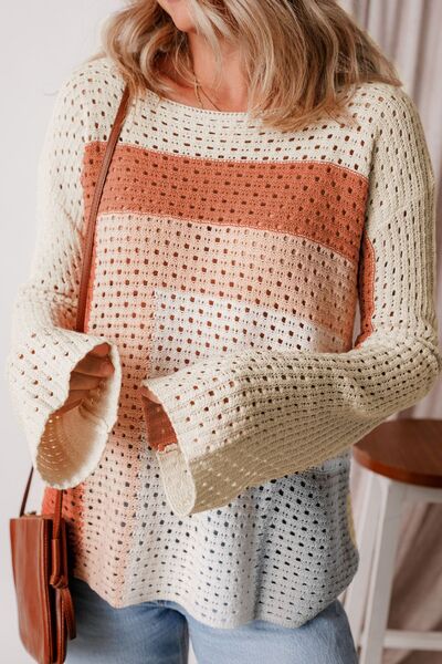 Openwork Color Block Long Sleeve Sweater.