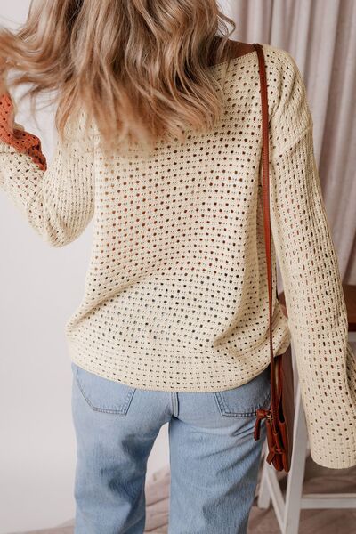 Openwork Color Block Long Sleeve Sweater.