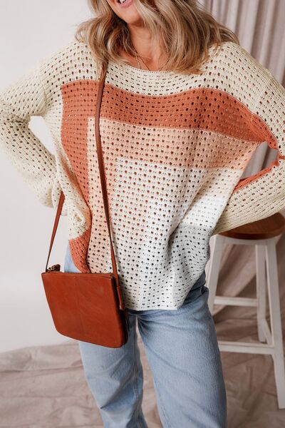 Openwork Color Block Long Sleeve Sweater.