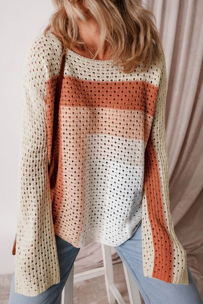 Openwork Color Block Long Sleeve Sweater.