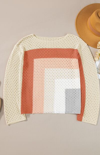 Openwork Color Block Long Sleeve Sweater.