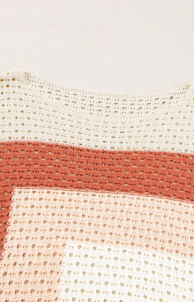 Openwork Color Block Long Sleeve Sweater.