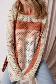 Openwork Color Block Long Sleeve Sweater.