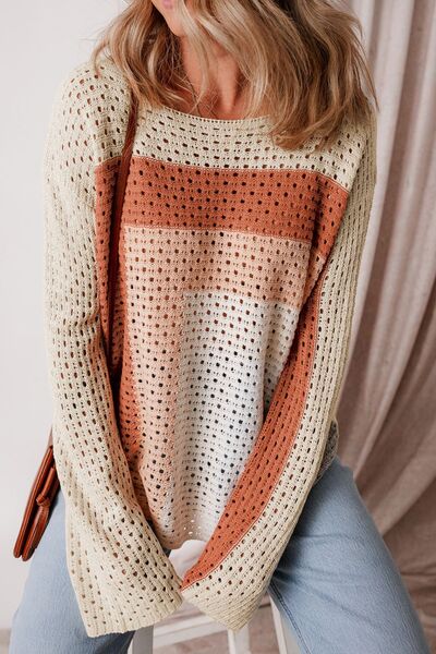 Openwork Color Block Long Sleeve Sweater.