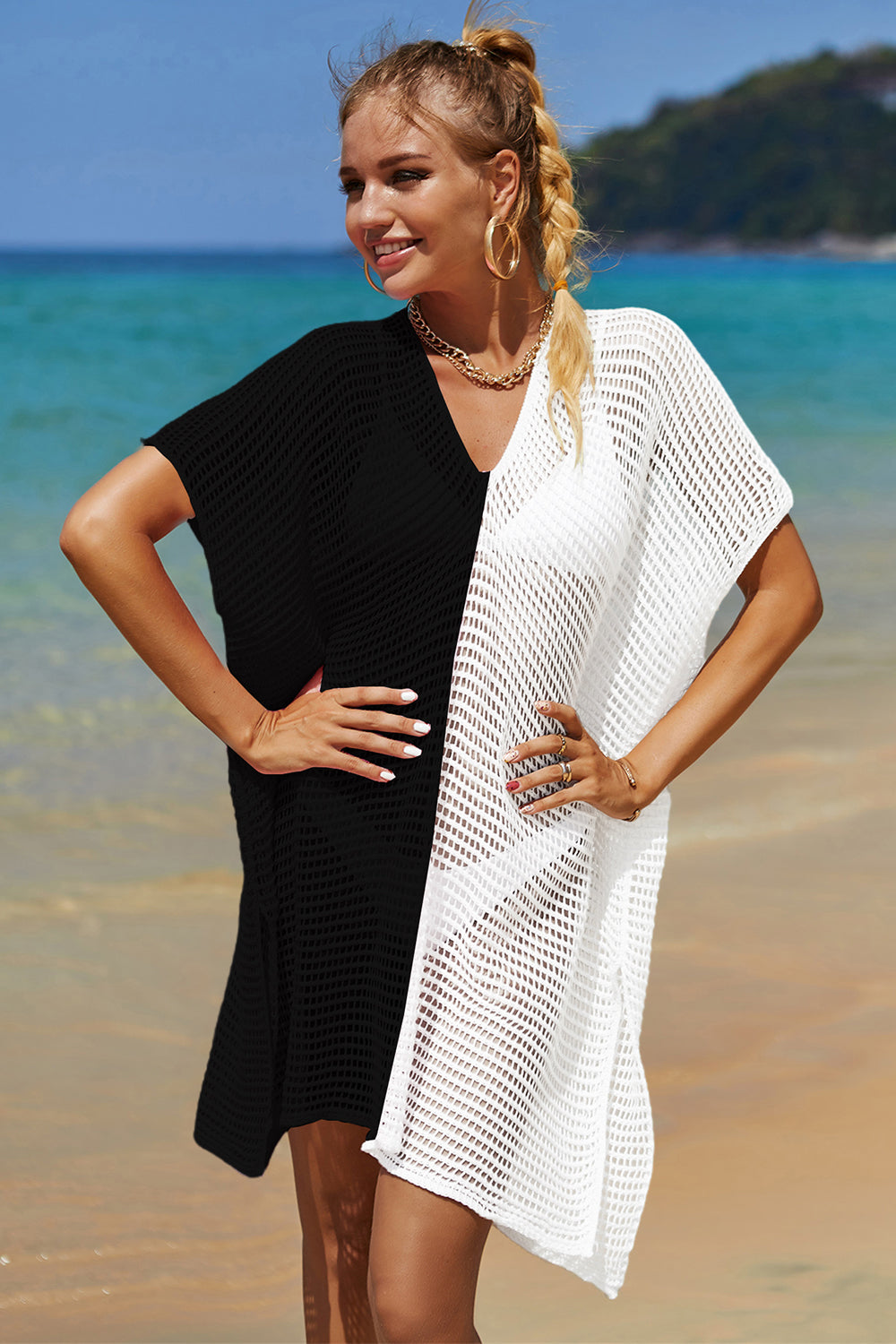 Angel Wings Openwork Contrast Slit Knit Cover Up.