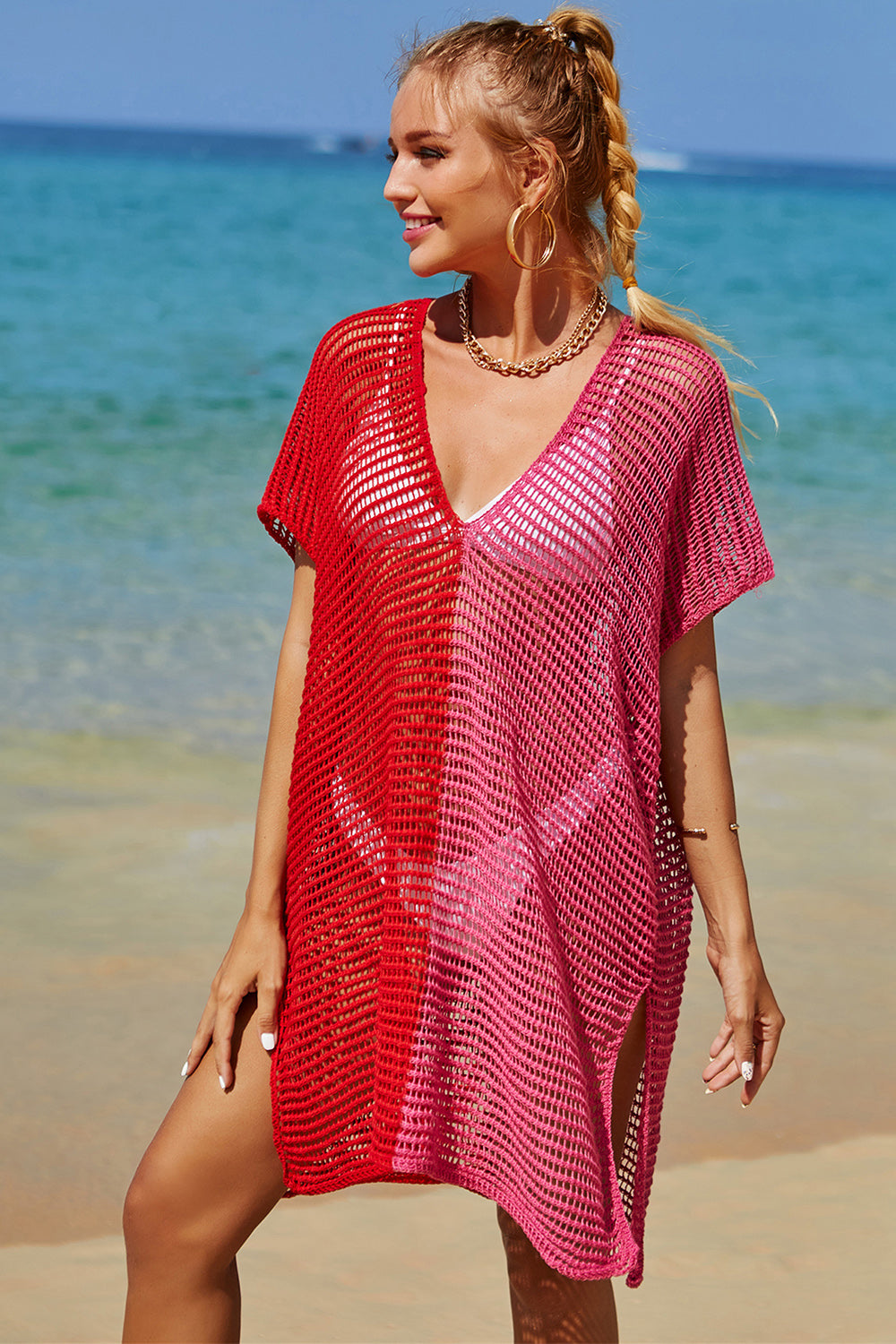 Angel Wings Openwork Contrast Slit Knit Cover Up.