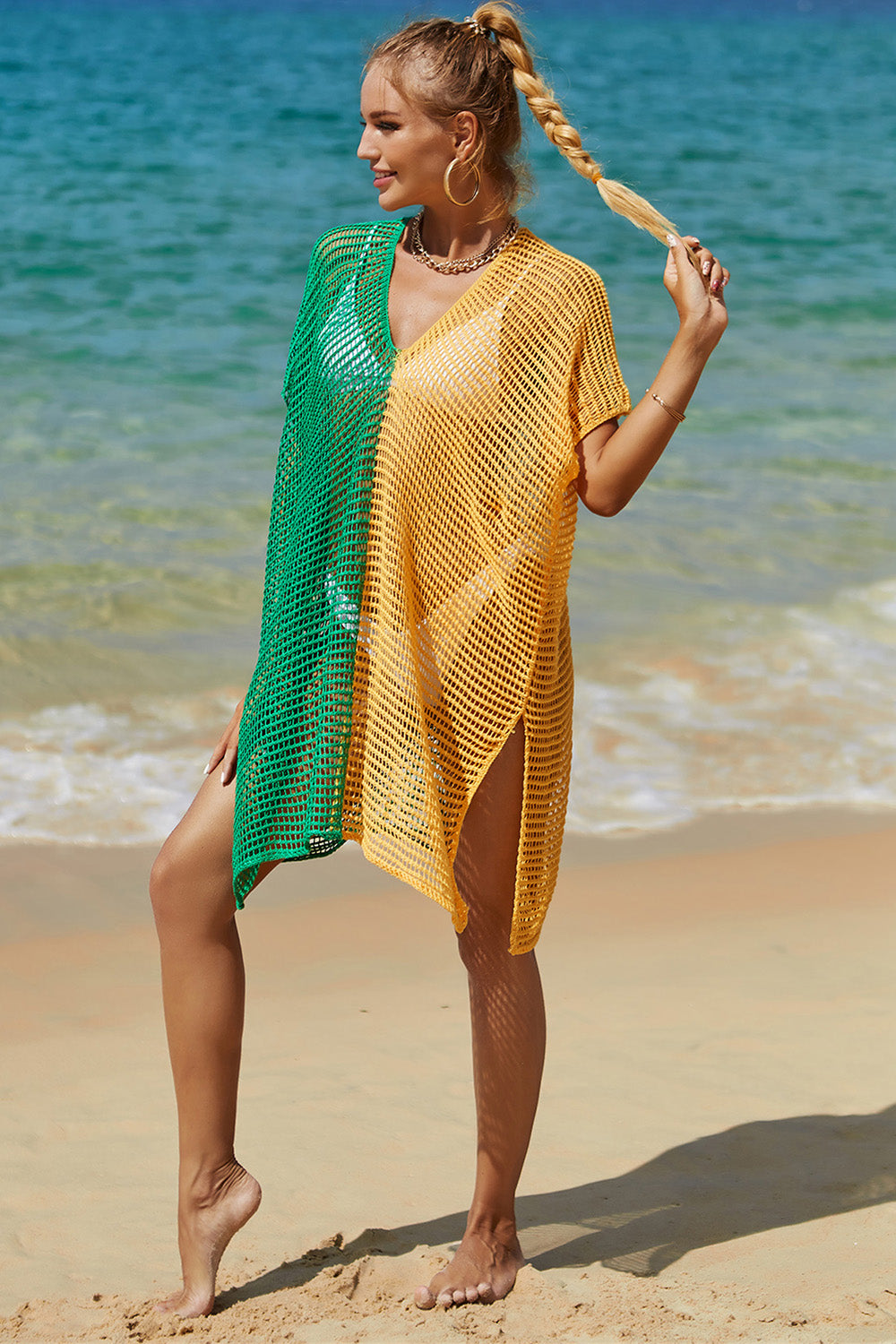 Angel Wings Openwork Contrast Slit Knit Cover Up.