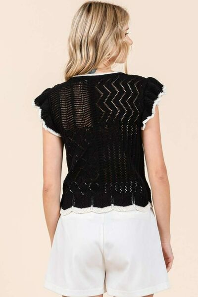 Mittoshop Openwork Contrast Trim Ruffled Cap Sleeve Knit Top.