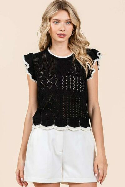 Mittoshop Openwork Contrast Trim Ruffled Cap Sleeve Knit Top.