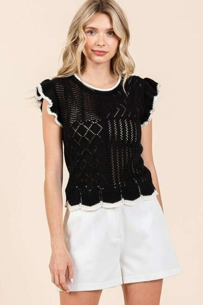 Mittoshop Openwork Contrast Trim Ruffled Cap Sleeve Knit Top.