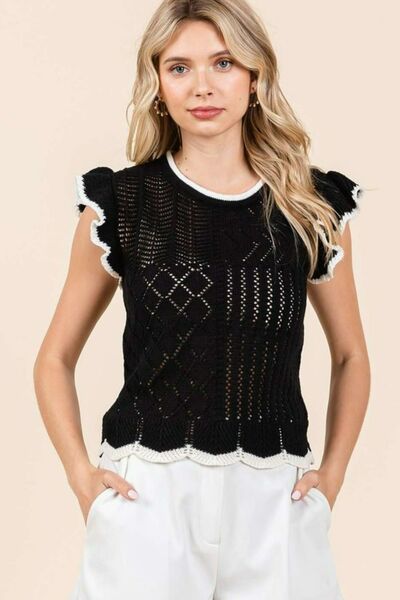 Mittoshop Openwork Contrast Trim Ruffled Cap Sleeve Knit Top.
