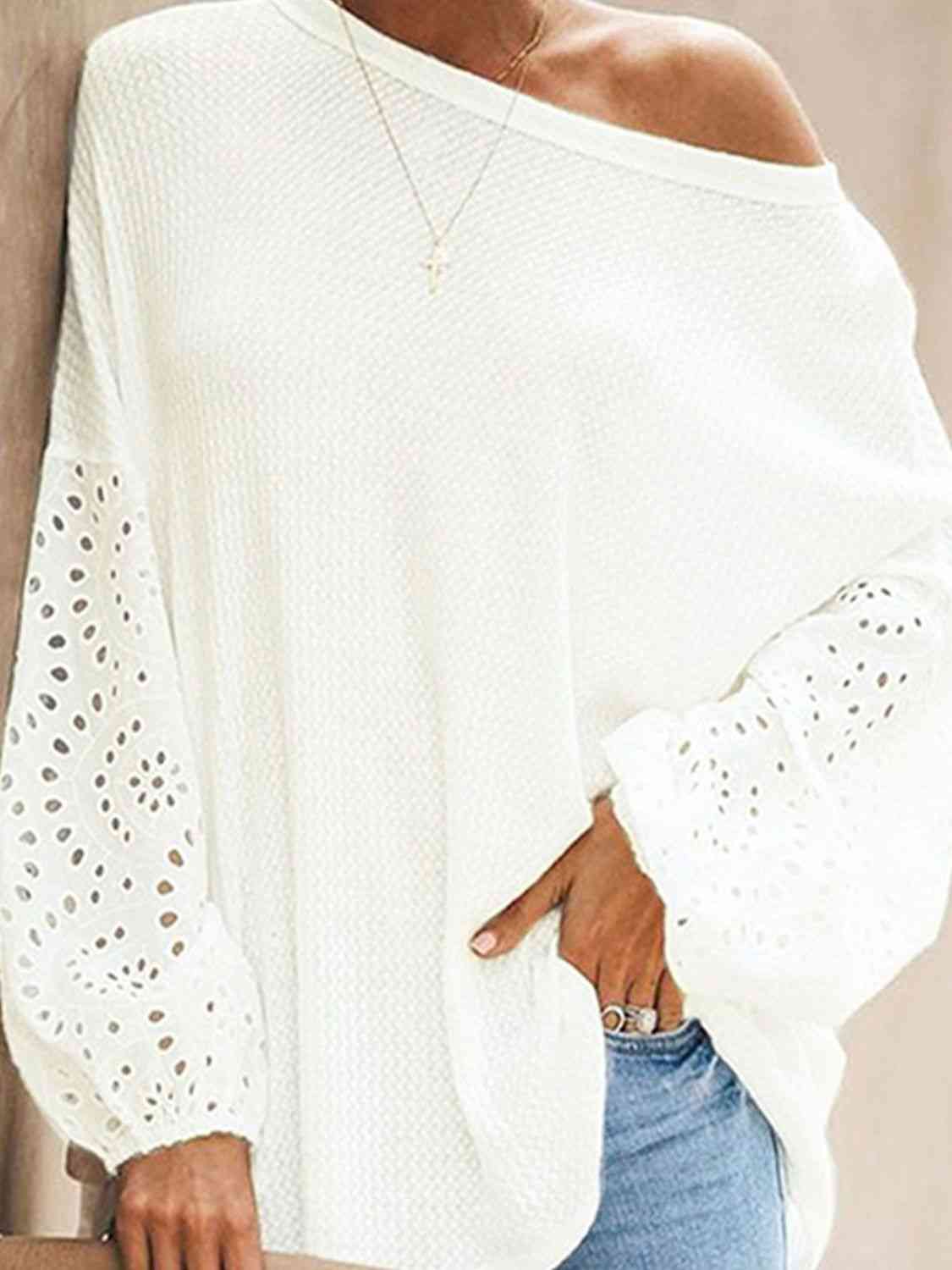 Shiny Openwork Dropped Shoulder Boat Neck Blouse with Eyelet.