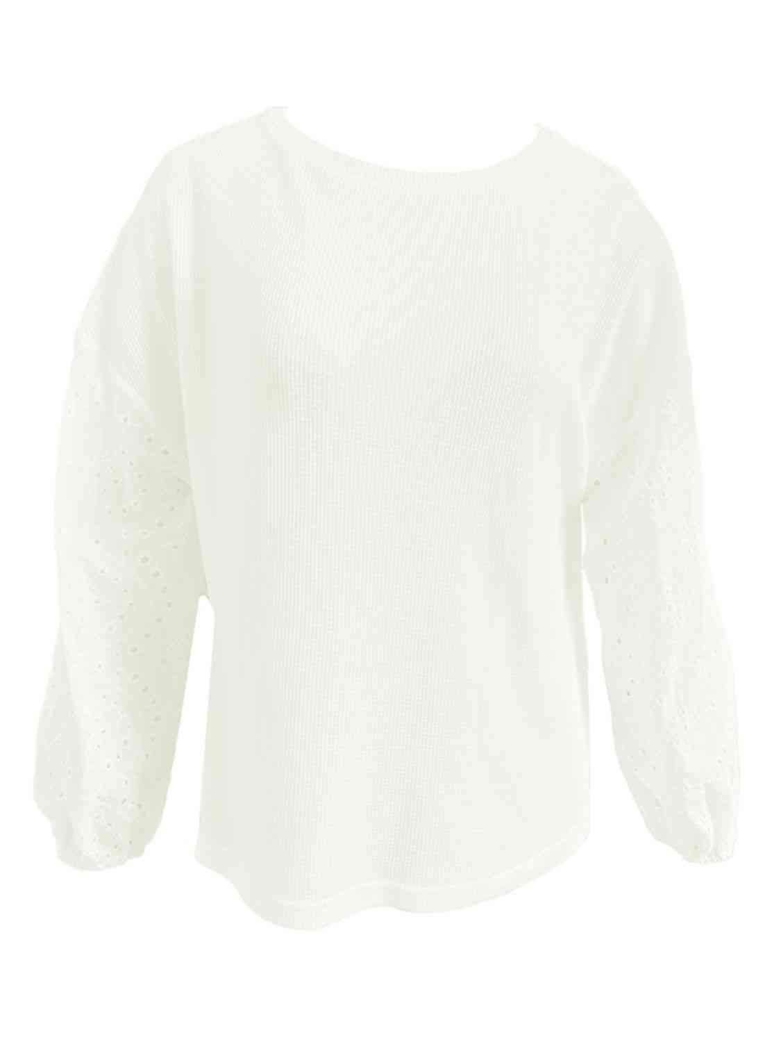 Shiny Openwork Dropped Shoulder Boat Neck Blouse with Eyelet.