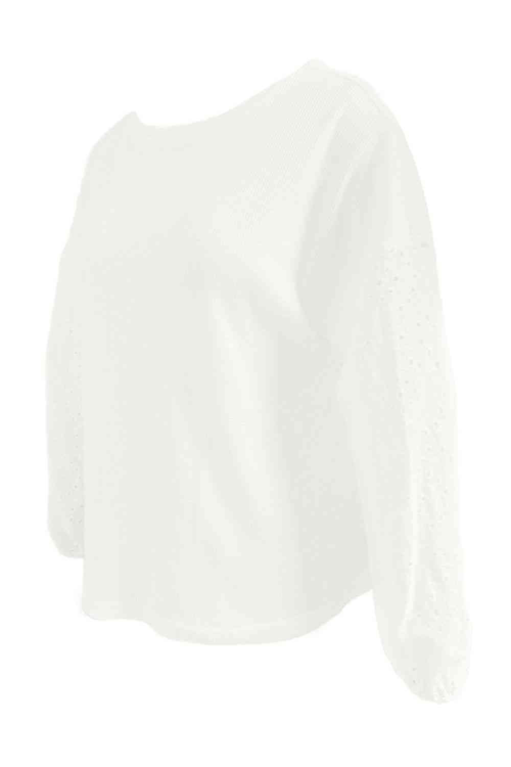 Shiny Openwork Dropped Shoulder Boat Neck Blouse with Eyelet.