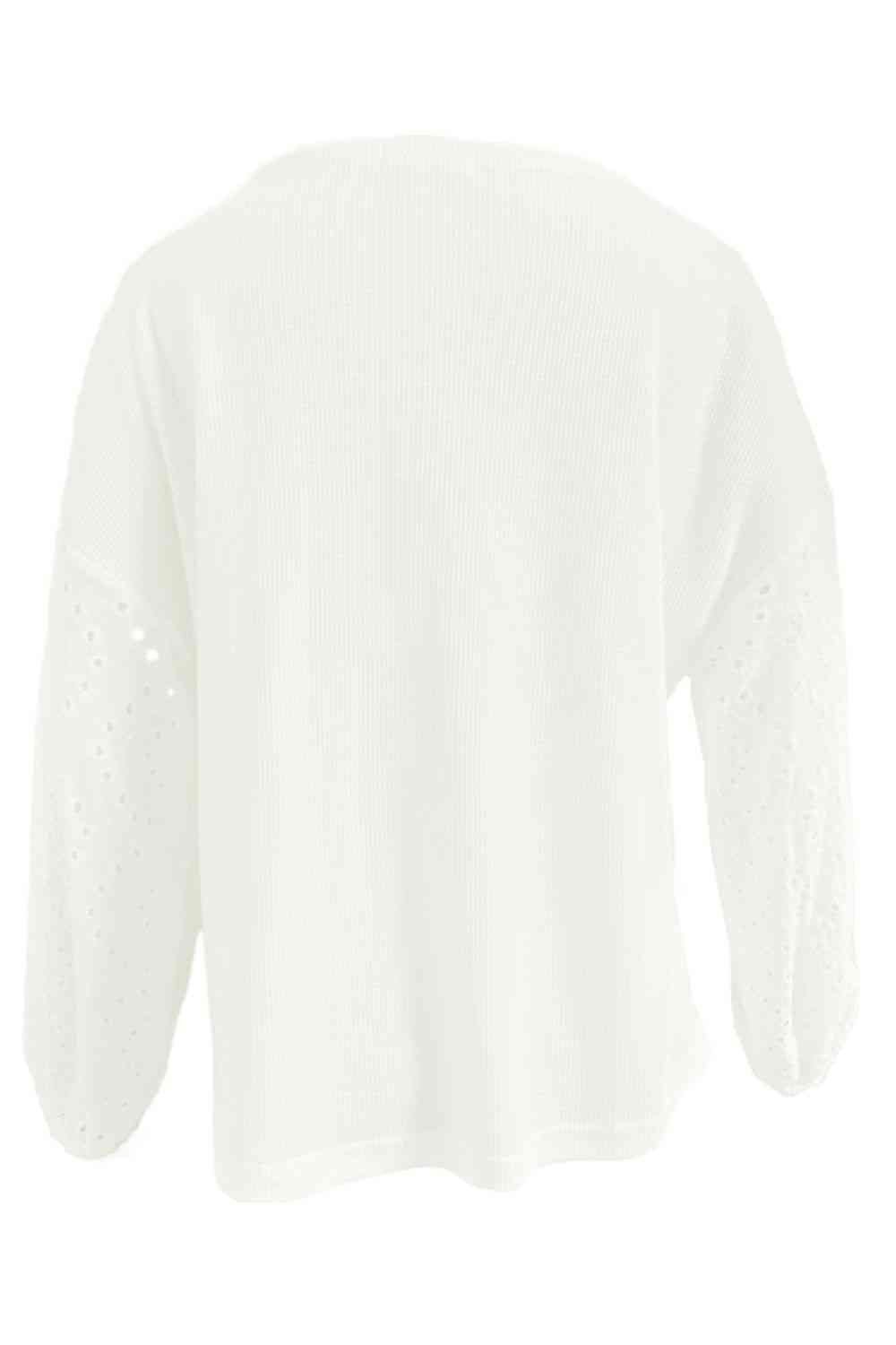 Shiny Openwork Dropped Shoulder Boat Neck Blouse with Eyelet.