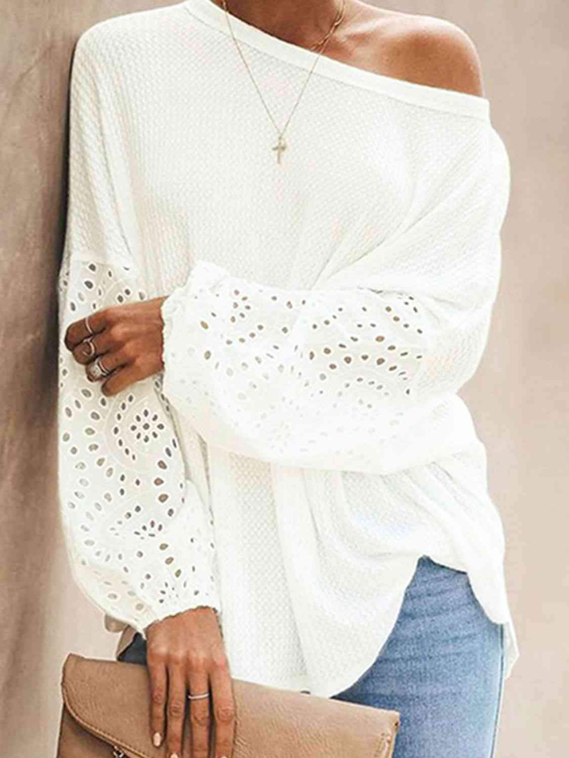 Shiny Openwork Dropped Shoulder Boat Neck Blouse with Eyelet.