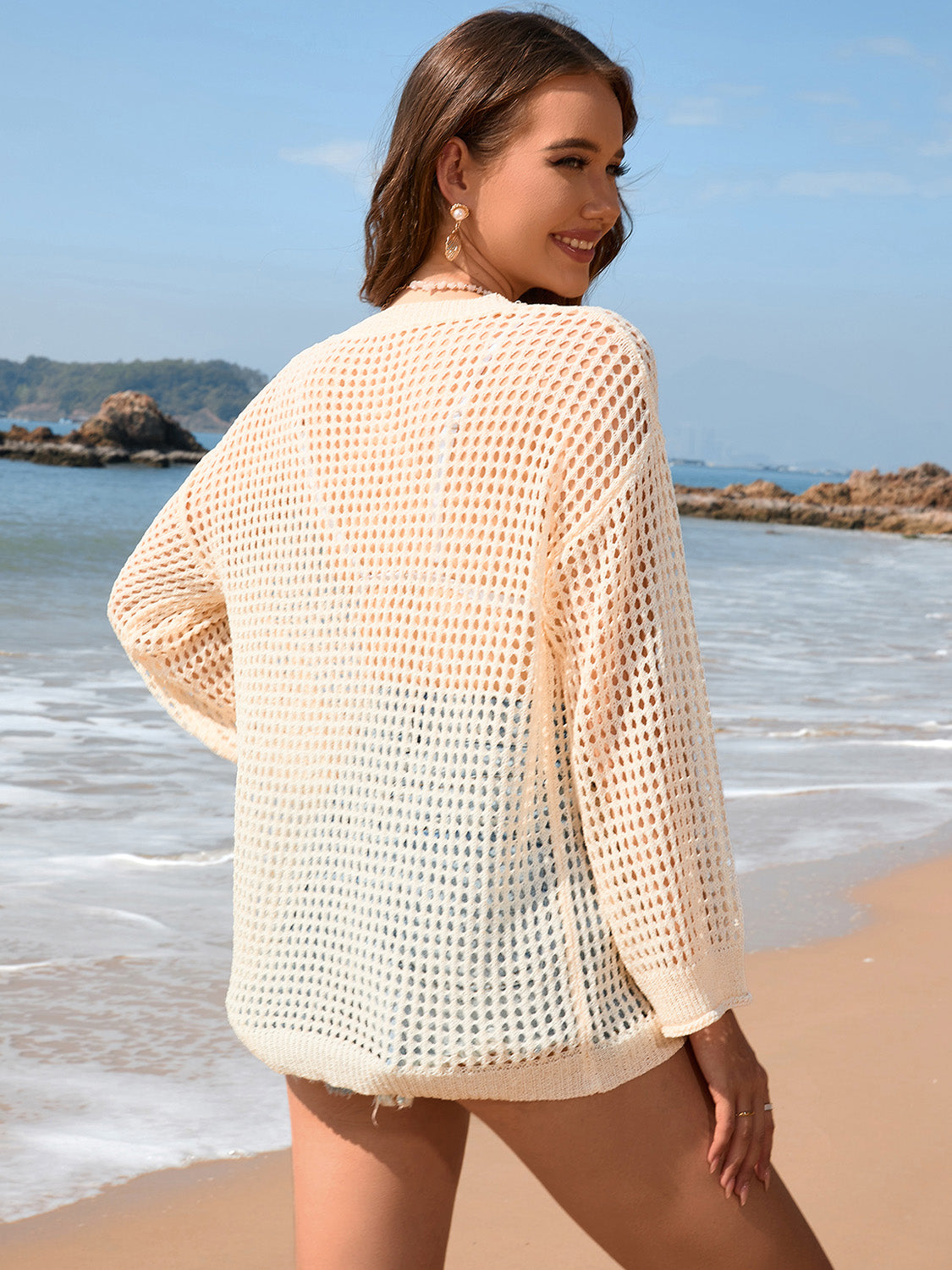 Openwork Dropped Shoulder Long Sleeve Cover-Up.