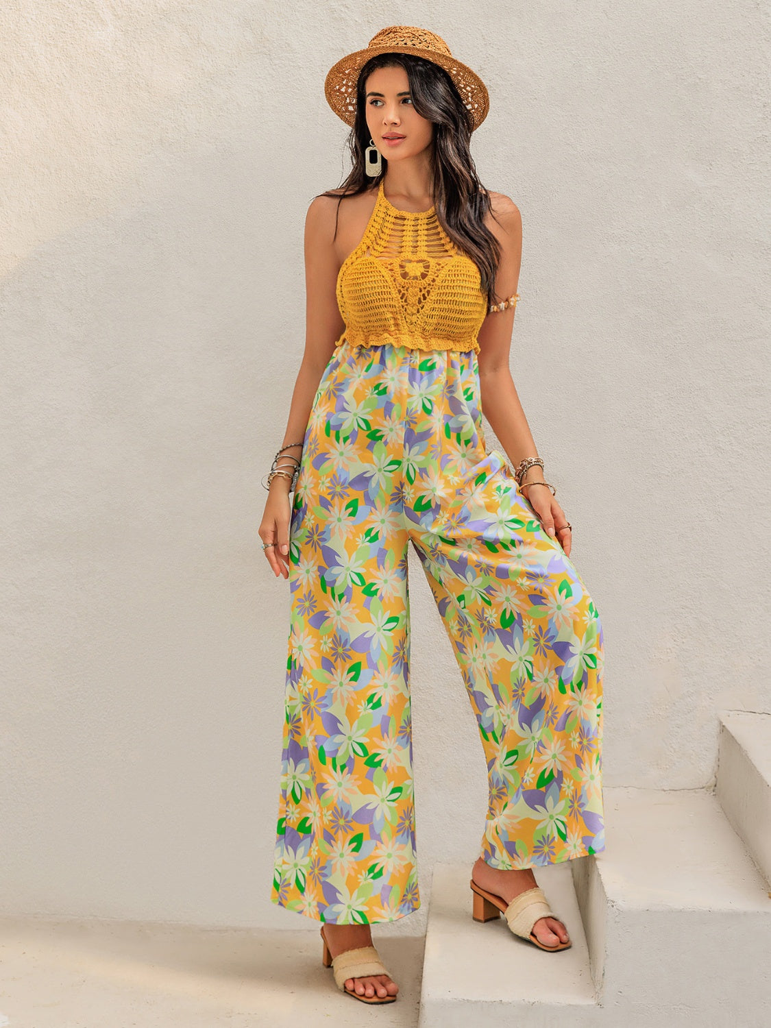 Openwork Halter Neck Floral Wide Leg Jumpsuit with Tie.