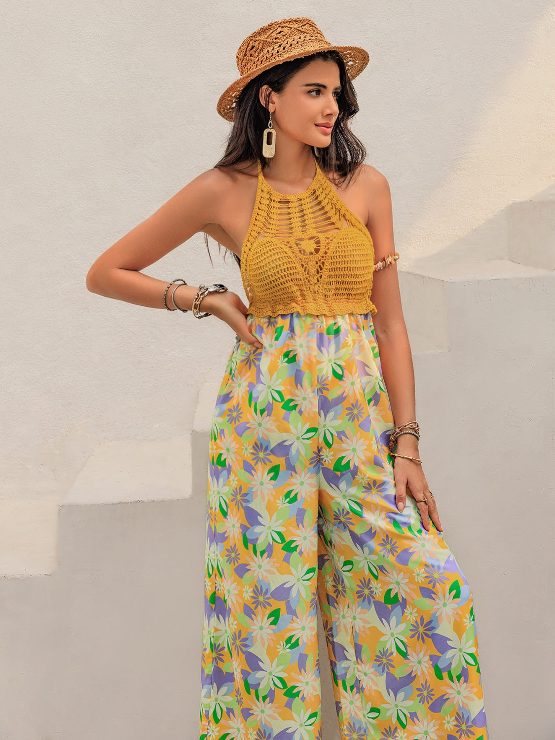 Openwork Halter Neck Floral Wide Leg Jumpsuit with Tie.