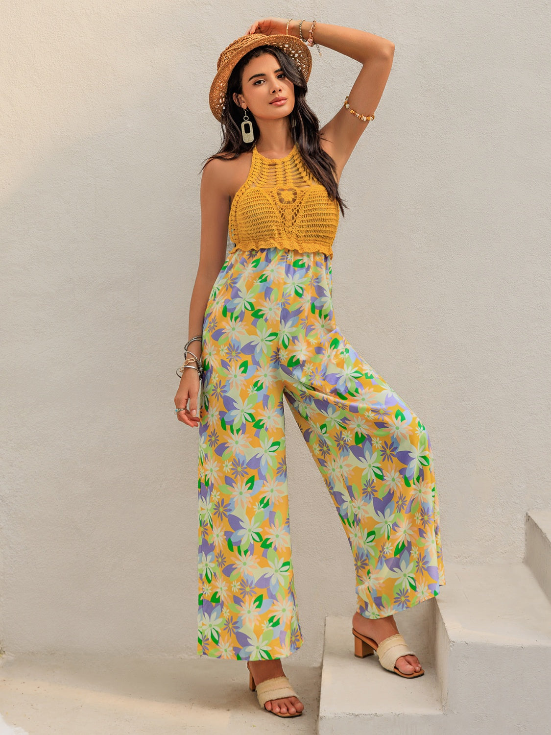 Openwork Halter Neck Floral Wide Leg Jumpsuit with Tie.