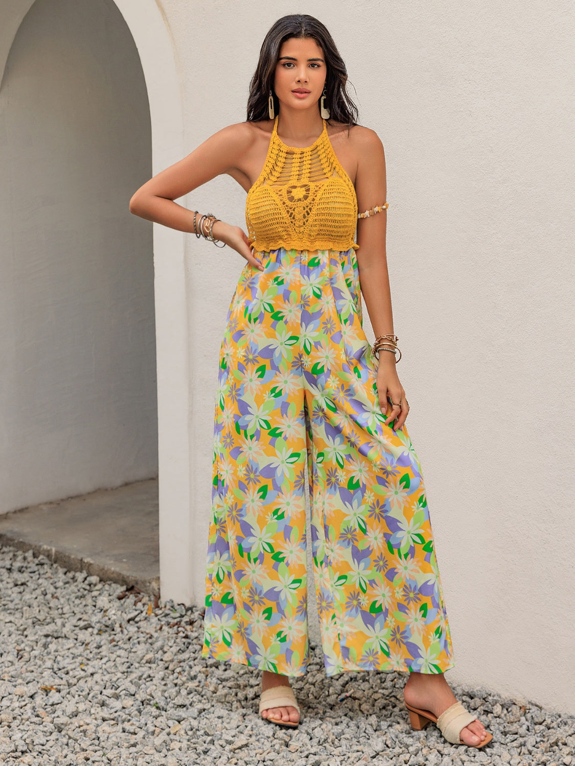 Openwork Halter Neck Floral Wide Leg Jumpsuit with Tie.