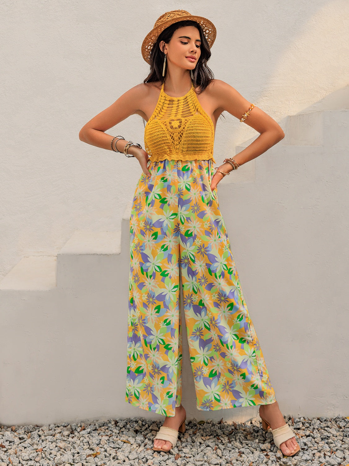 Checkered Print Crew Neck Wide Leg Jumpsuit with Buttons.