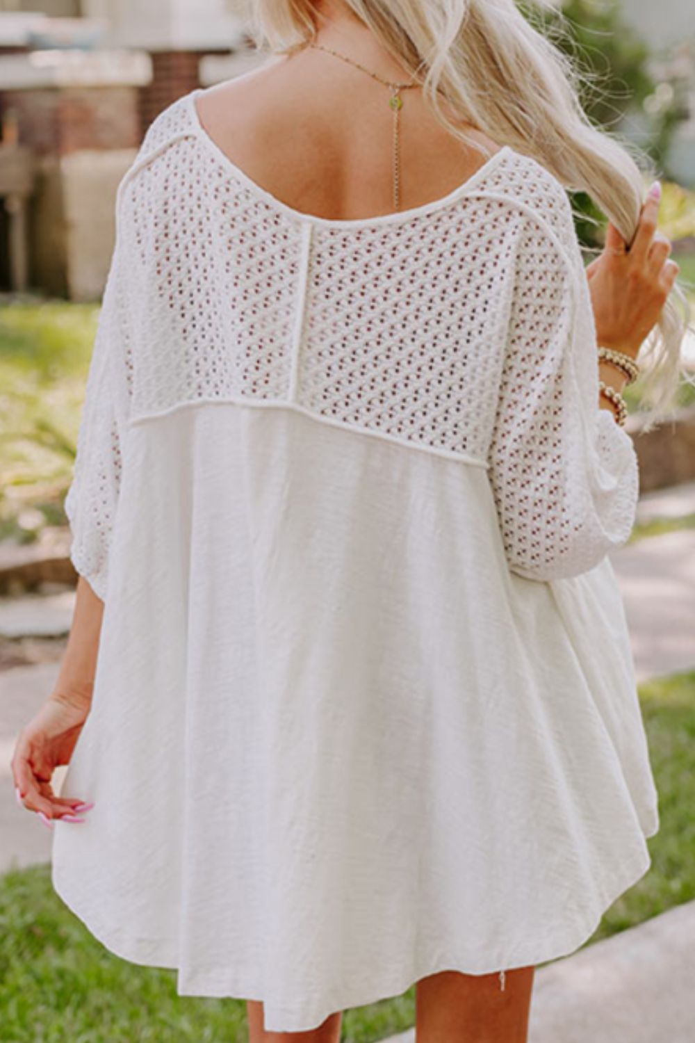 Openwork High Low Hem V Neck Oversized Top.