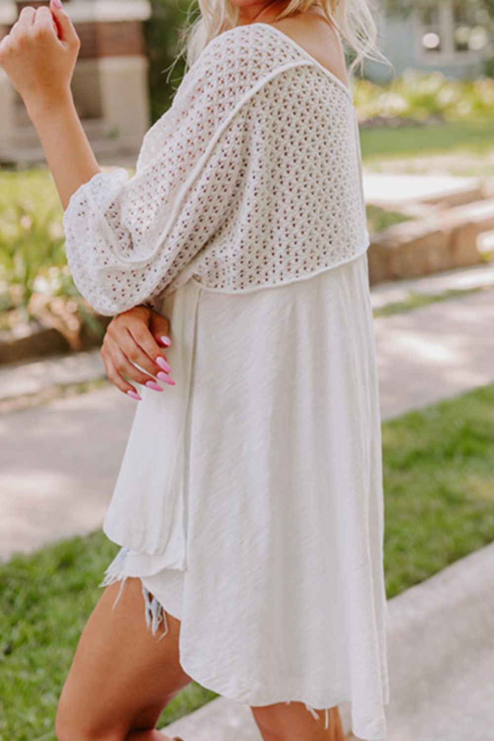 Openwork High Low Hem V Neck Oversized Top.