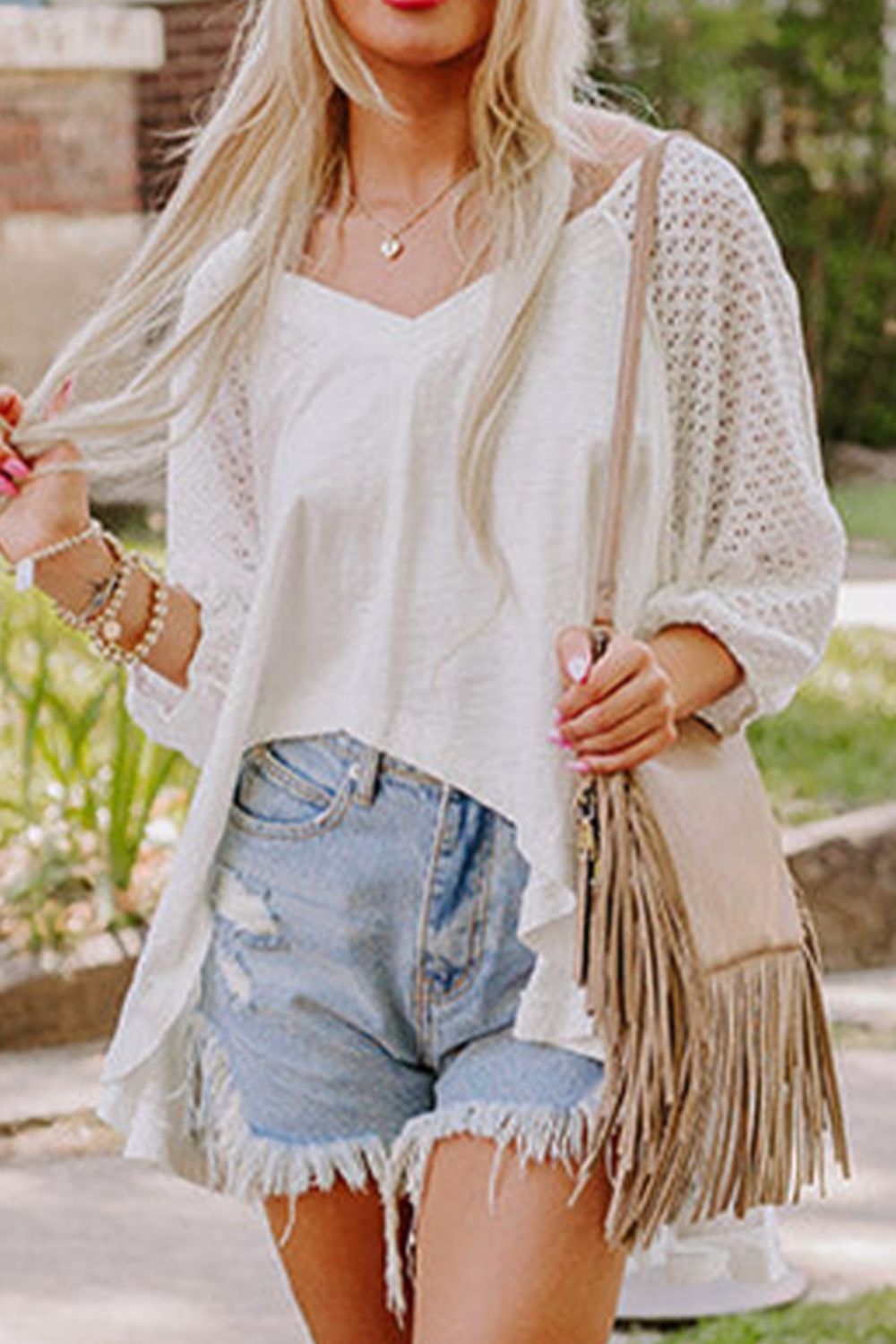 Openwork High Low Hem V Neck Oversized Top.