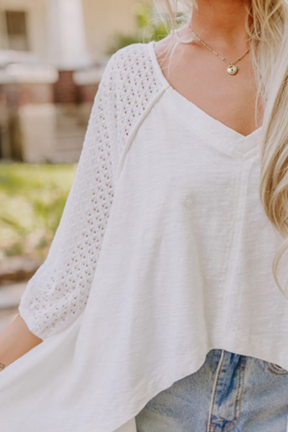 Openwork High Low Hem V Neck Oversized Top.
