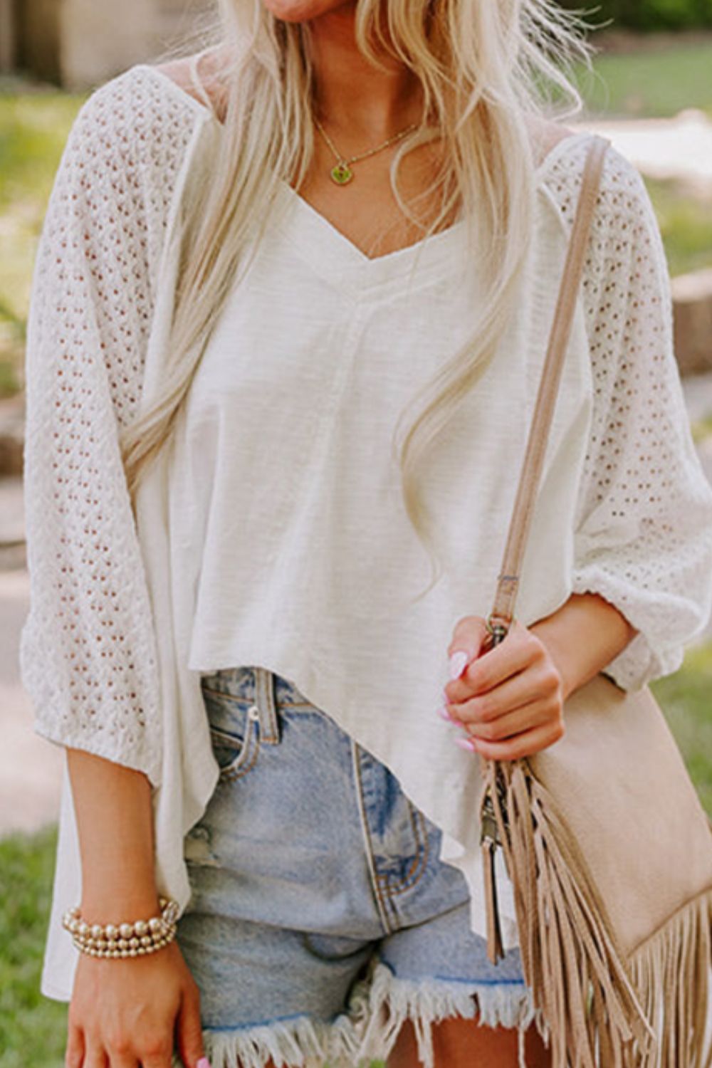Openwork High Low Hem V Neck Oversized Top.