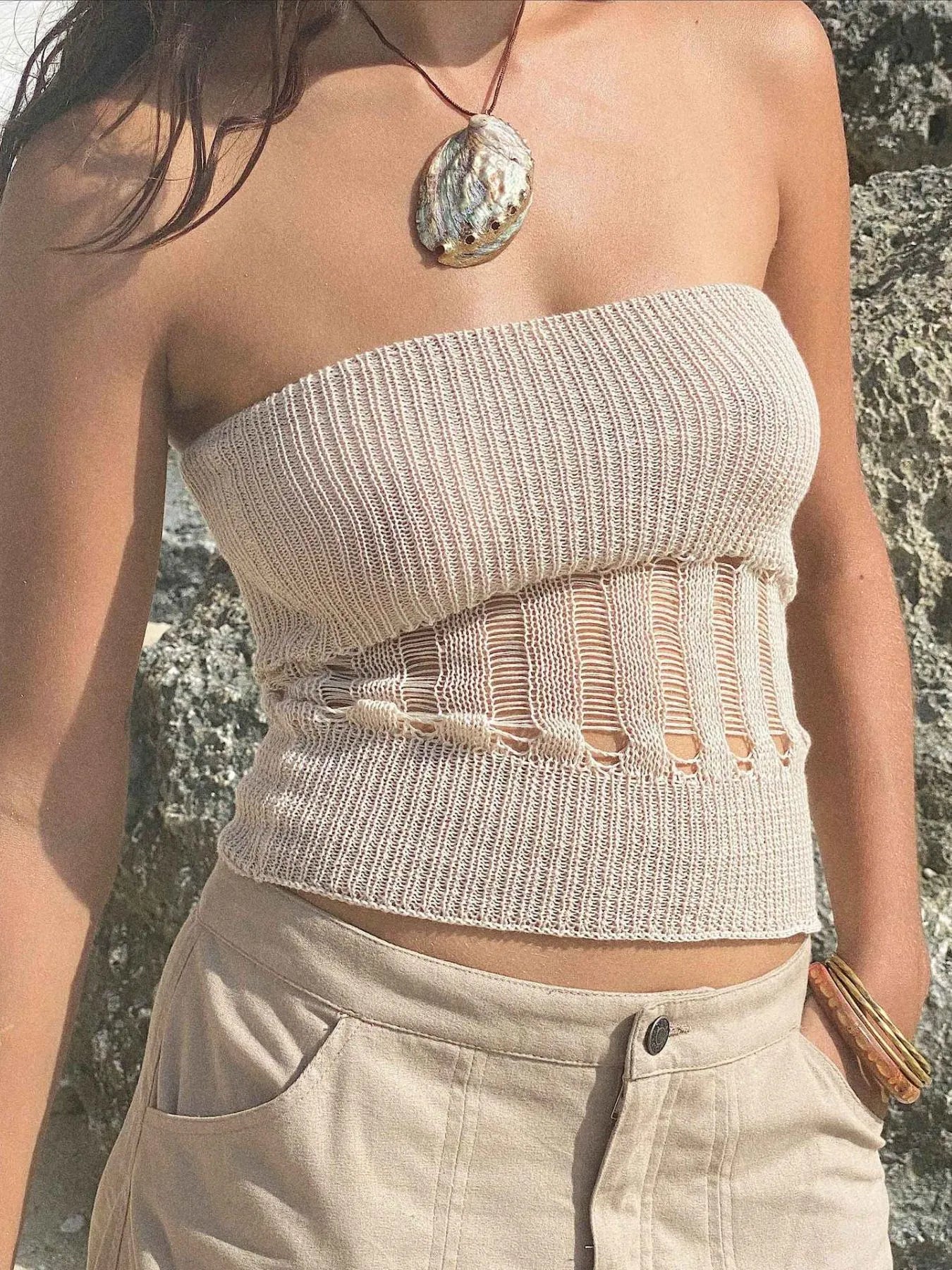 Openwork knit tube top.