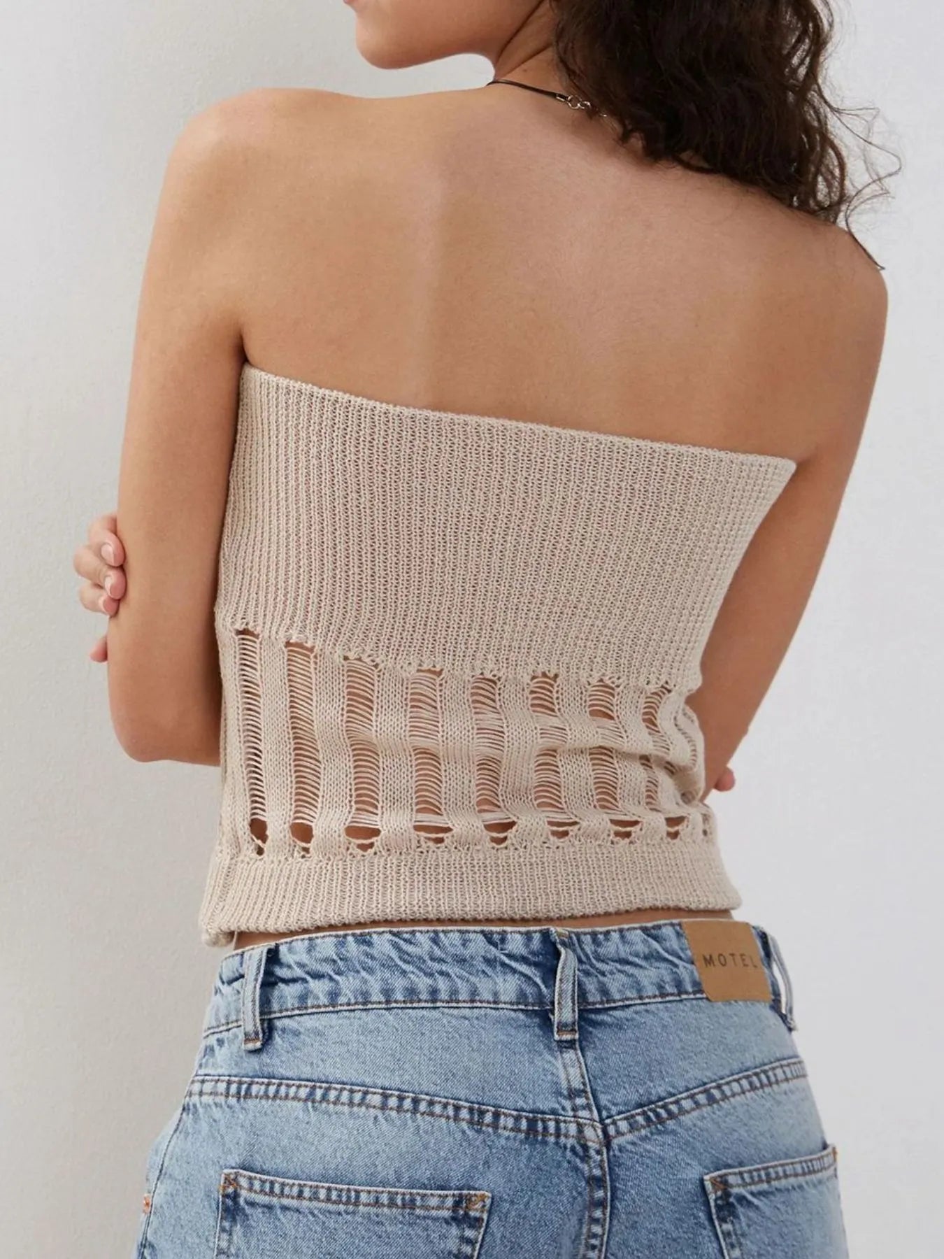 Openwork knit tube top.